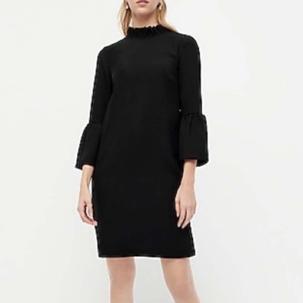 J Crew black Ruffle-neck shift dress with bell sleeves in 365 crepe size 00